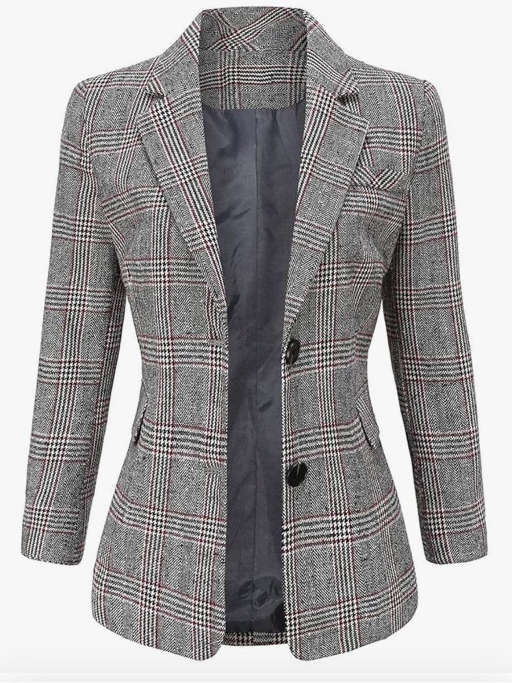 NWOT Tailored Gray Plaid Blazer with Subtle Red